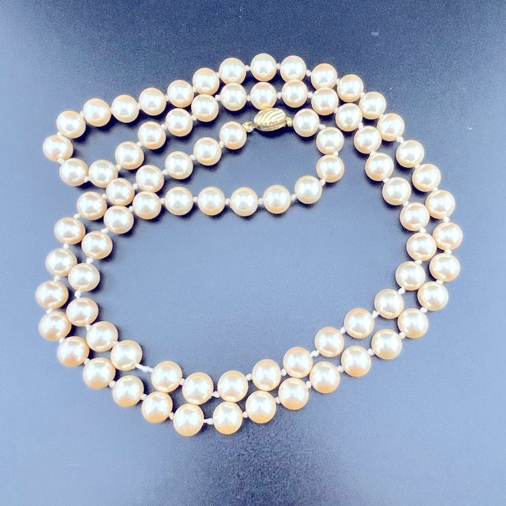 Vintage Marvella Individually Hand Knotted Champagne Faux Pearls Necklace 29"